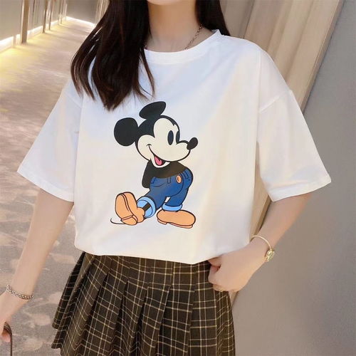 2020新款纯色t恤短袖女夏ins潮学生韩版米奇卡通印花宽松白色上衣